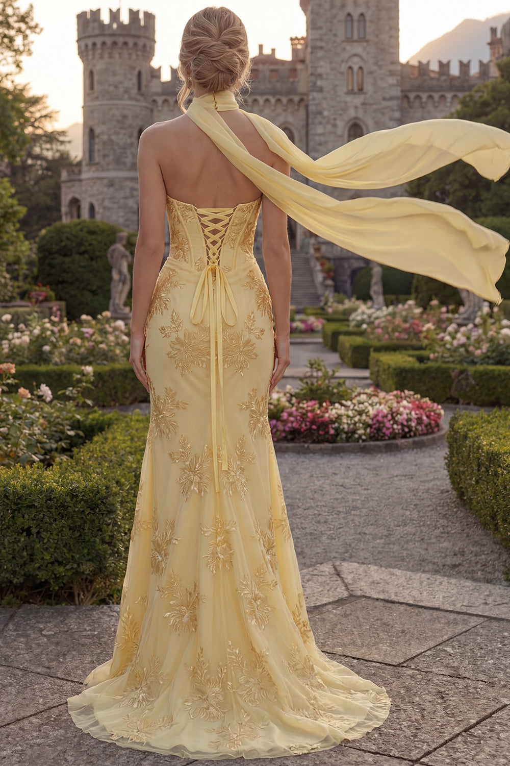 Yellow Corset Floral Mermaid Strapless Long Prom Dress with Slit