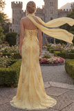 Yellow Corset Floral Mermaid Strapless Long Prom Dress with Slit