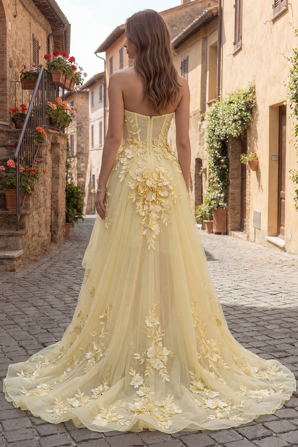 A Line Yellow Corset Floral Strapless High-Low Prom Dress with Ruffles