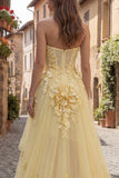 A Line Yellow Corset Floral Strapless High-Low Prom Dress with Ruffles