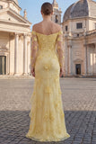 Yellow Floral Sheath Long Prom Dress with Ruffles
