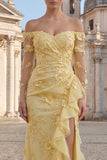 Yellow Floral Sheath Long Prom Dress with Ruffles