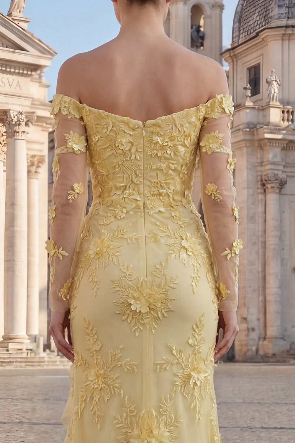 Yellow Floral Sheath Long Prom Dress with Ruffles