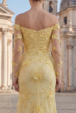 Yellow Floral Sheath Long Prom Dress with Ruffles