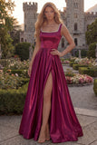 Simple Burgundy A Line Square Neck Long Prom Dress with Pearls