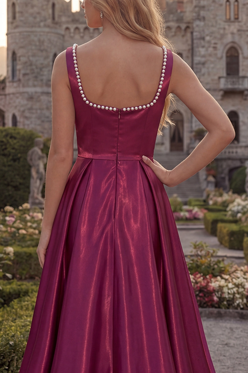 Simple Burgundy A Line Square Neck Long Prom Dress with Pearls