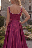 Simple Burgundy A Line Square Neck Long Prom Dress with Pearls