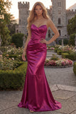 Simple Burgundy Mermaid Strapless Ruched Long Prom Dress