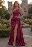Burgundy Sheath Beaded One Shoulder Long Prom Dress with Slit