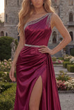 Burgundy Sheath Beaded One Shoulder Long Prom Dress with Slit