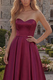 Simple Strapless Burgundy A Line Long Prom Dress