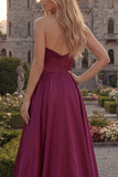 Simple Strapless Burgundy A Line Long Prom Dress