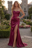 Burgundy Sheath Long Strapless Ruched Prom Dress with Slit