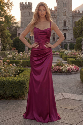 Sheath Burgundy Long Ruched Spaghetti Straps Prom Dress with Slit