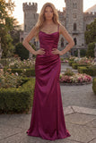 Sheath Burgundy Long Ruched Spaghetti Straps Prom Dress with Slit