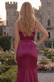 Sheath Burgundy Long Ruched Spaghetti Straps Prom Dress with Slit