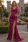 Long V-Neck Sheath Burgundy Ruched Prom Dress with Slit