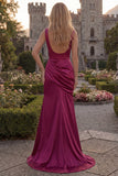 Long V-Neck Sheath Burgundy Ruched Prom Dress with Slit