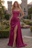 Long Corset Sheath Floral Burgundy Ruched Prom Dress with Slit