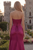 Long Corset Sheath Floral Burgundy Ruched Prom Dress with Slit