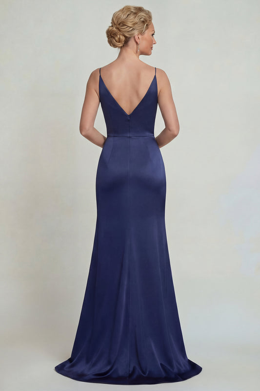 Navy Floral Satin Spaghetti Straps Mermaid Long Mother of the Bride Dress with Slit