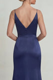 Navy Floral Satin Spaghetti Straps Mermaid Long Mother of the Bride Dress with Slit