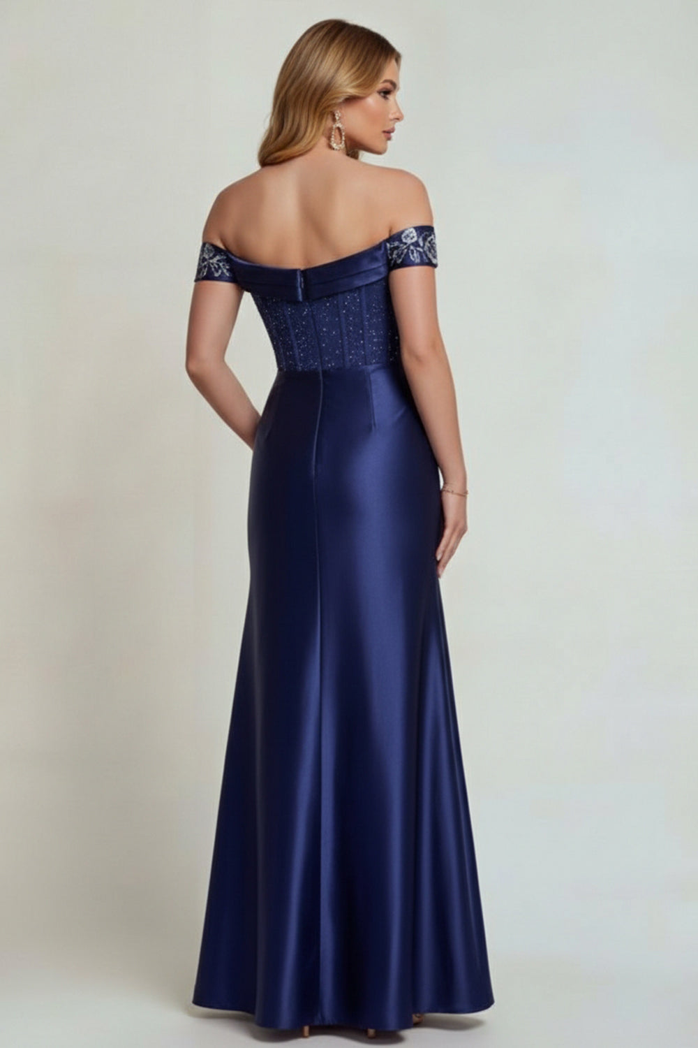 Sparkly Off The Shoulder Navy Floral Long Corset Mother of the Bride Dress