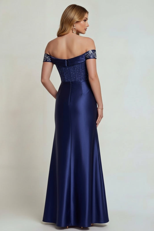 Sparkly Off The Shoulder Navy Floral Long Corset Mother of the Bride Dress
