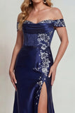 Sparkly Off The Shoulder Navy Floral Long Corset Mother of the Bride Dress