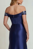 Sparkly Off The Shoulder Navy Floral Long Corset Mother of the Bride Dress