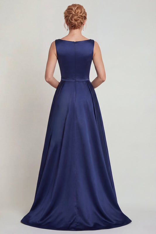 Boat Neck A Line Navy Floral Satin Beaded Long Mother of the Bride Dress