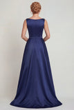 Boat Neck A Line Navy Floral Satin Beaded Long Mother of the Bride Dress