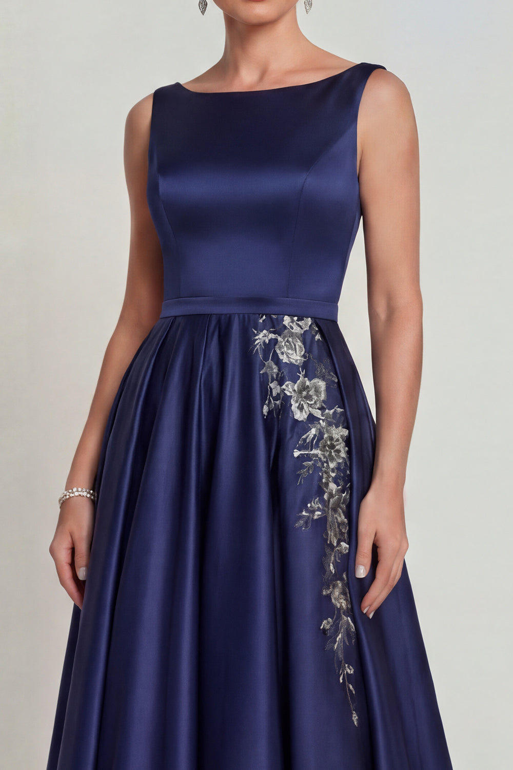 Boat Neck A Line Navy Floral Satin Beaded Long Mother of the Bride Dress