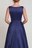 Boat Neck A Line Navy Floral Satin Beaded Long Mother of the Bride Dress