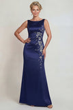 Boat Neck Mermaid Navy Floral Satin Long Mother of the Bride Dress