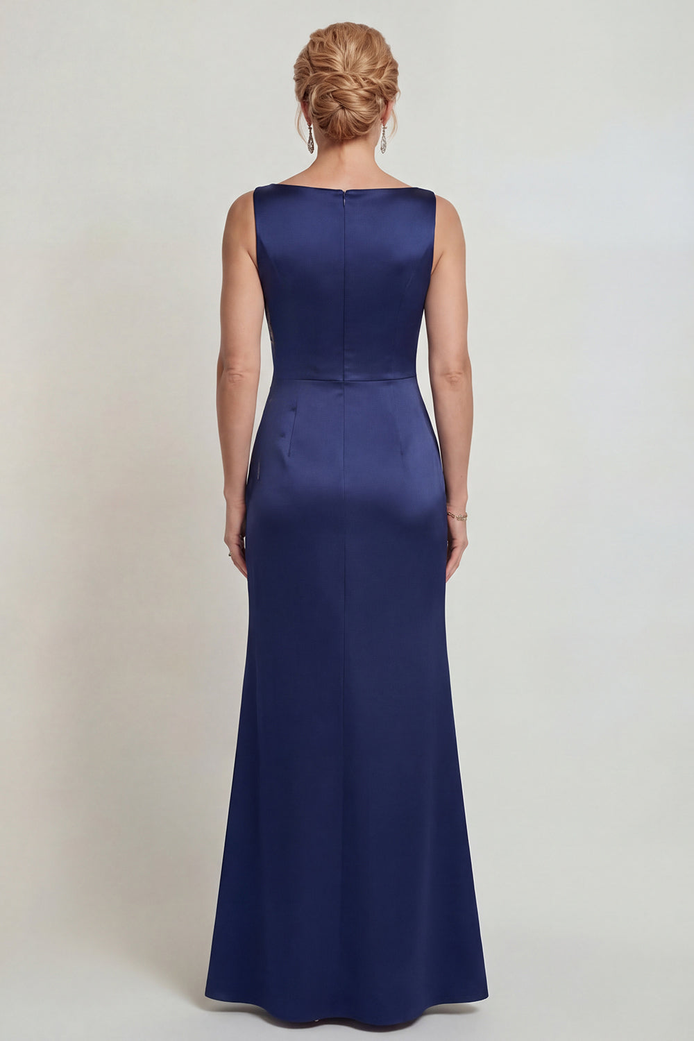 Boat Neck Mermaid Navy Floral Satin Long Mother of the Bride Dress