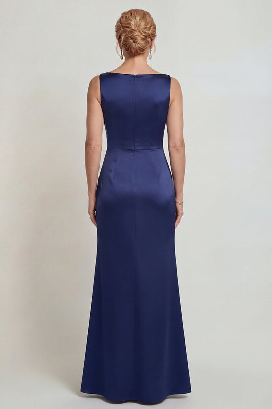 Boat Neck Mermaid Navy Floral Satin Long Mother of the Bride Dress