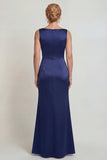 Boat Neck Mermaid Navy Floral Satin Long Mother of the Bride Dress