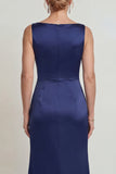Boat Neck Mermaid Navy Floral Satin Long Mother of the Bride Dress