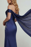 Off The Shoulder Navy Floral Long Corset Mother of the Bride Dress with Streamer