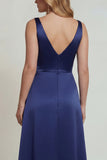 Navy Floral Satin V-Neck A Line Long Mother of the Bride Dress with Slit
