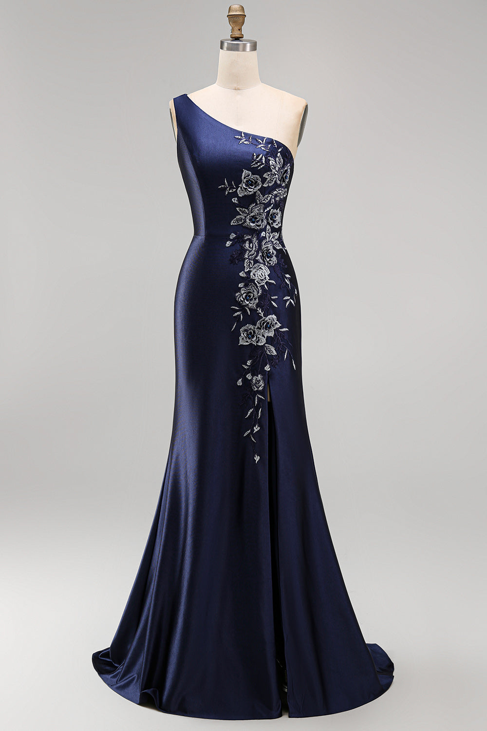 One Shoulder Mermaid Navy Floral Satin Long Mother of the Bride Dress with Slit
