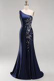One Shoulder Mermaid Navy Floral Satin Long Mother of the Bride Dress with Slit