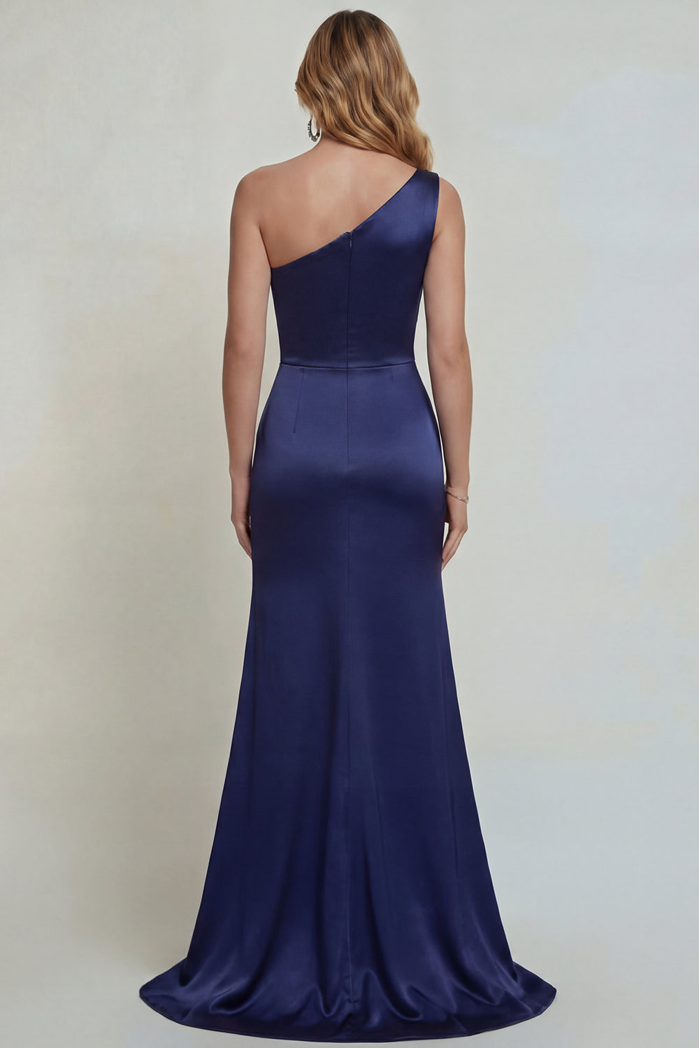 One Shoulder Mermaid Navy Floral Satin Long Mother of the Bride Dress with Slit