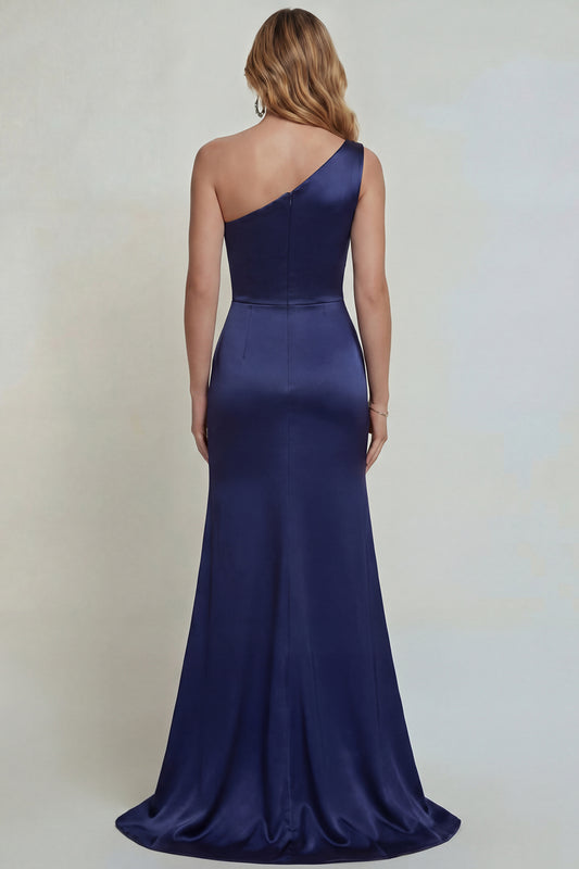 One Shoulder Mermaid Navy Floral Satin Long Mother of the Bride Dress with Slit