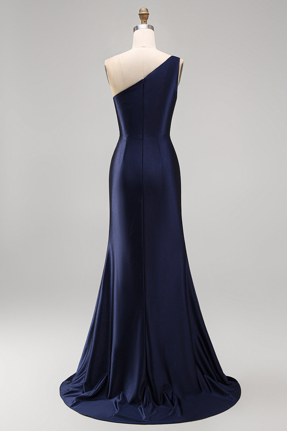 One Shoulder Mermaid Navy Floral Satin Long Mother of the Bride Dress with Slit