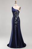One Shoulder Mermaid Navy Floral Satin Long Mother of the Bride Dress with Slit