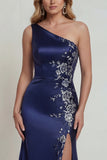 One Shoulder Mermaid Navy Floral Satin Long Mother of the Bride Dress with Slit