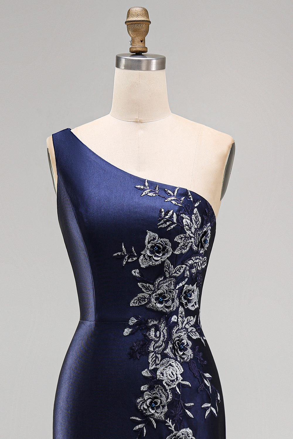 One Shoulder Mermaid Navy Floral Satin Long Mother of the Bride Dress with Slit