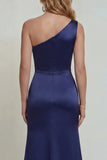 One Shoulder Mermaid Navy Floral Satin Long Mother of the Bride Dress with Slit